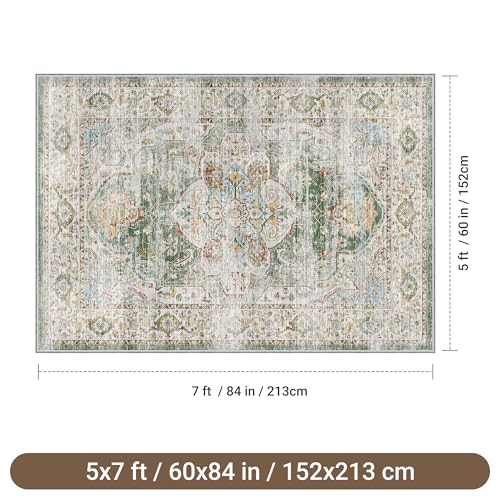 befbee 5x7 Area Rugs for Living Room,Stain Resistant Washable Rug,Non-Slip Backing Rugs for Bedroom,Kitchen,Printed Vintage Home Decor Rug (Green, 5'x7') - color: Green, size: 5' x 7' (Rectangular)