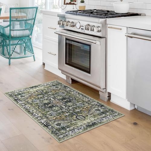 KOZYFLY Small Area Rug 2x3 Ft Rugs for Entryway Washable Boho Entry Rug Non Slip Door Mat Indoor Entrance Faux Wool Vintage Printed Kitchen Rug Throw Rugs for Entrance Kitchen, Moss Green/Olive Grove - color: Moss Green/Olive Grove, size: 2' x 3' (Rectang