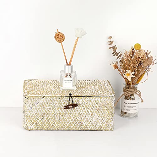 Hipiwe Wicker Shelf Baskets Bin with Lid Natural Seagrass Basket Storage Boxes Small Woven Basket Multipurpose Home Organizer Bins Box for Shelf Closet Bedroom Living Room Home Decor, Whitewash - color: Whitewash, size: Small
