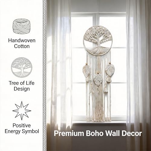 Macrame Wall Hanging Dream Catcher Tree of Life Boho Wall Art, Handwoven Cotton Spring Home Decor for Bedroom Nursery Living Room Dorm, Ideal Mother's Day Housewarming Gift for Women Teens Adults, 39"x12" - color: 01-Tree of Life