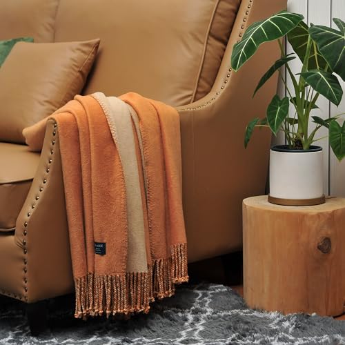 EP Mode Reversible Fringed Mulberry Silk Throw Blanket for Sofa (Caramel/Beige) - color: Caramel/ Beige