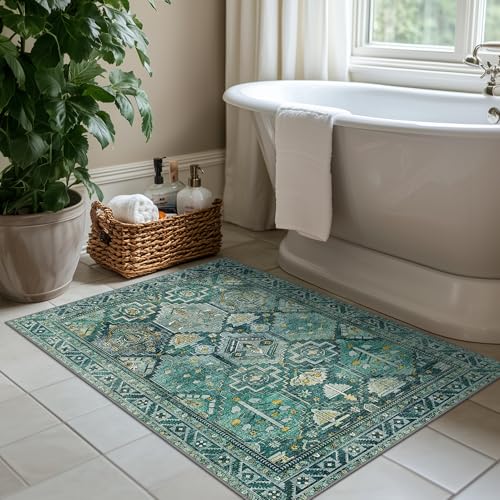 Bavni 2x3 Entryway Rug Bathroom Rugs for Front Door Bedroom Bathroom Kitchen, Washable Vintage Print Carpet, Ultra-Thin Chenille Lightweight Rug with Non Slip Backing, Dark Green - color: Dark Green, size: 2' x 3' (Rectangular)