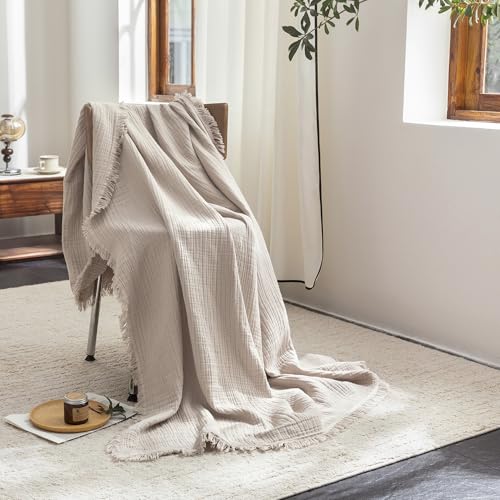 FOSSA Muslin Blanket with Fringe -4-Layer 100% Cotton Gauze Super Soft & Breathable Throw -Lightweight Decorative Cooling Blanket for Bed, Sofa, Office -Throw XL Size 70" x 50"(Beige Gray) - color: Beige Gray, size: Throw XL (50" × 70")