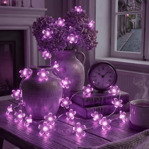 Flower Battery Operated Indoor String Lights 30LED Cherry Blossom Fairy String Lights Waterproof Outdoor for Garden Fence Party Camping Birthday Wedding Room Home Decoration Purple - color: Purple