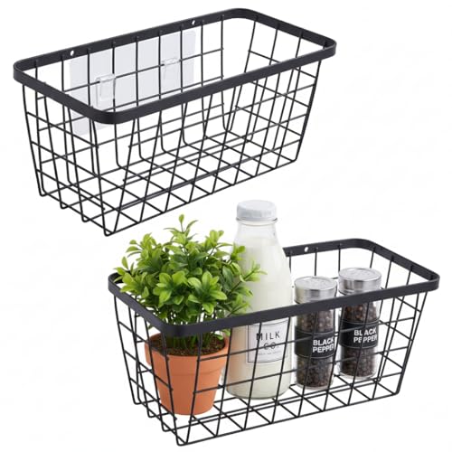 2 Pack Hanging Wall Basket Organizer Over the Cabinet Door Wire Baskets for Organizing -Space-Saving Hanging Baskets for Organizing Wall Mount Storage,No Drilling Adhesive Wall Storage Basket, Black - color: Black-New, size: 2 PACK