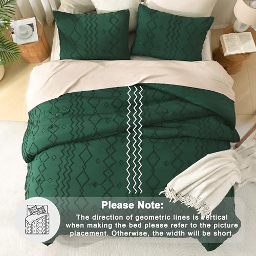 Andency Twin Size Comforter Emerald Green, 2 Pieces (1 Boho Comforter, 1 Pillowcase) Dark Green Tufted Geometric Shabby Chic Bedding, Soft Fluffy Jacquard Farmhouse Bed Set for All Season - color: 02 - Emerald, size: Twin (66"x90")