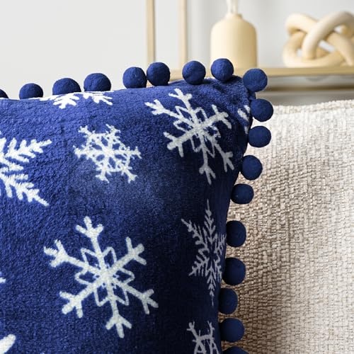 PAVILIA Snowflake Blue Throw Pillow Covers with Pom Pom 20x20 Set of 2, Christmas Decorative Pillow Cases for Bedroom, Holiday Small Pillows Set for Bed, Velvet Winter Plush Cushion Covers Sofa Couch - color: Snowflake Blue, size: 20" x 20" (Pack of 2)