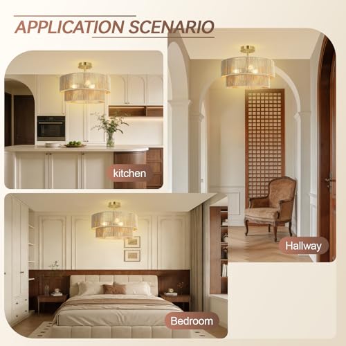 BoostArea 16.54” Boho 2-Tier Rattan Ceiling Light Fixture, Semi Flush Mount Woven Chandelier for Bedroom, Dining Room, Kitchen, Entryway, Living Room(Bulb not Included) - color: Beige