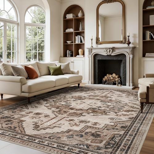 Joydeco 4x6 Area Rugs for Living Room, Non Slip Machine Washable Vintage Rug, Low Pile Chenille Print Rugs for Bedroom, Dining Room, Home Office, Pet & Child Friendly, Light Coffee - color: Light Coffee, size: 4' x 6' (Rectangular)