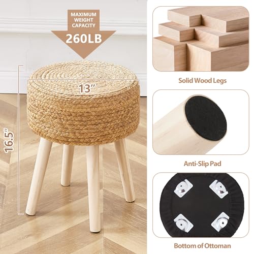 Cpintltr Round Ottoman Footstool Foot Stool Pouf Ottomans with Solid Wood Legs Hand Weave Hyacinth Footrest Step Stool for Living Room Balcony Garden Natural Hyacinth Seagrass - color: Hyacinth Seagrass