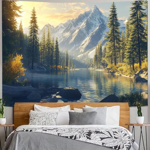 FENDROM Tranquility Lake Snow Mountain Scenery Tapestry Wall Hanging, Nature Forest Plant Trees Pictures Art Wall Tapestries Blanket for Bedroom Living Room Dorm Decor - color: Yellow, size: 79"L x 59"W
