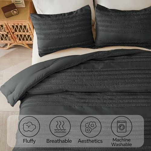 BEDELITE Boho Twin/Twin XL Comforter Set，Dark Grey Tufted Striped Bed Set 2 Pieces, Soft Vintage Farmhouse Comforter for College, Boho Home Dorm Decor, Fluffy Jacquard Bedding with 1 Pillow Sham - color: Dark Grey, size: Twin/Twin XL