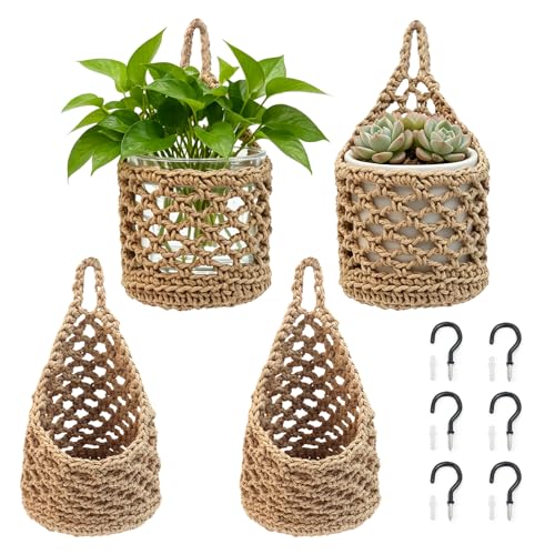 4 PCS 5-Inch Macrame Wall Plant Hangers, Small Wall Hanging Plant Holder with Hooks, Natural Cotton Rope Hanger for Indoor Plants & Daily Storage, Boho Home Decor