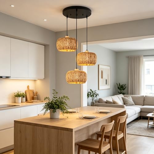 Natural Hand-Woven Basket Chandelier 3-Light Cluster Pendant Light Fixture Seagrass Rattan Shade Farmhouse E26 Base for Living Room Dining Room, Boho Light Fixtures - color: Basket Shade