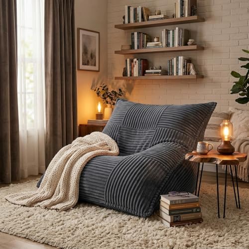 Giant Bean Bag Chair - 3-in-1 Convertible Memory Foam Floor Cushion with Washable Corduroy Cover, Large Comfy Beanbag Sofa for Adults and Kids-Gray - color: Dark Gray