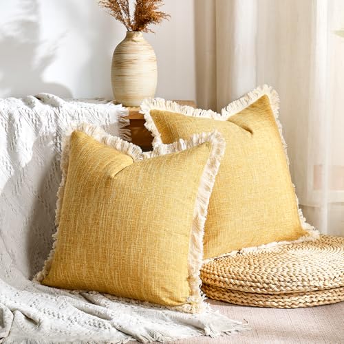 Mustard Yellow Faux Linen Decorative Throw Pillow Covers 18x18 Inch Set of 2 Boho Farmhouse Pillowcases with Tassels Rustic Woven Textured Burlap Cushion Cases for Sofa Bed Living Room Home Decor - color: Mustard Yellow, size: 18" x 18" (Pack of 2)