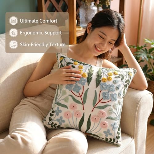 YIcabinet Pack of 2 Throw Pillow Covers,Little Daisy Embroidered Pillow Case Soft Decorative Pillowcases for Home Sofa Couch 18x18 Inch - color: White19