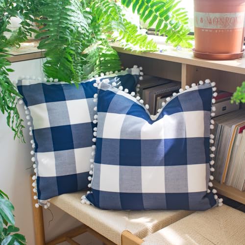 HOPLEE Buffalo Plaid Pillow Covers Navy Blue Pillow Covers 18x18 Farmhouse Buffalo Check Pillows Covers with Pom Pom for Home Decor 18x18 Inches Set of 2 - color: Navy Plaid Pom, size: 18" x 18" (Pack of 2)