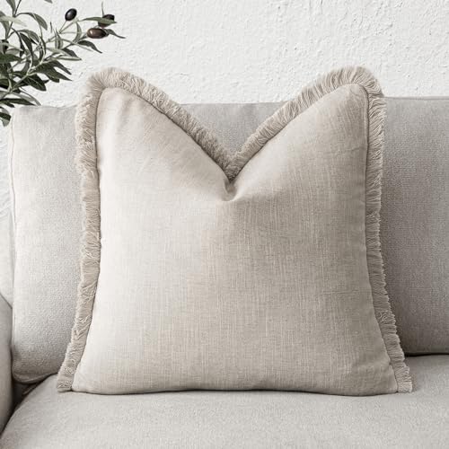 Foindtower Decorative Linen Fringe Throw Pillow Covers Cozy Boho Farmhouse Cushion Cover with Tassels Soft Accent Pillowcase for Chair Sofa Bed Living Room Home Decor, 16×16 Inch, 1PC, Natural Beige - color: Natural Beige, size: 16" x 16" (Pack of 1)