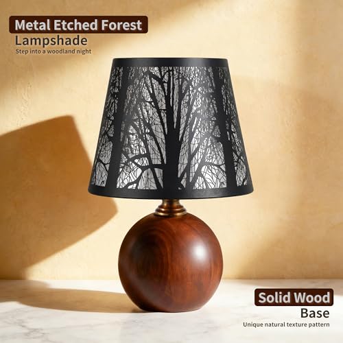 11.4" Rustic Forest Small Table Lamp, Solid Wood Base & Metal Tree Shade with 3-Color Stepless Dimmable Bedside Lamp, Nightstand Light for Bedroom & Living Room, Bulb Included - color: Forest Shade + Solid Wood Base