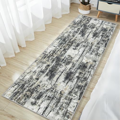 2'6''x8' Runner Rugs Washable Rug: Modern Abstract Hallway Runner Rug Indoor Soft Low Pile Thin Carpet Anti-Skid Non-Shedding Carpets for Kitchen, Entryway, Laundry, Bedroom - Black Grey Gold - color: Black Grey/Gold, size: 2'6" x 8' (Runner)