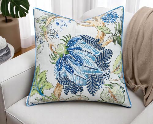VAGMINE Chinoiserie Floral 20x20 Inch Throw Pillow Cover - Blue Green Botanical Print On Textured Polyester - Cushion Case for Couch Sofa - Grandmillennial Decor - Reuben - color: Reuben Floral, size: 20" x 20" (Pack of 1)