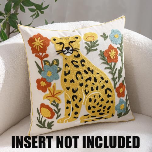 Embroidered Throw Pillow Covers 18x18 Pack of 2 Yellow Leopard Pillow Covers Green Leaves with Floral Pillowcases Boho Pillow Cushion Cases Square Flower Pillowcase Summer Home Decor - color: Yellow Leopard