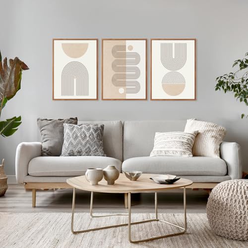 CHDITB Mid-Century Modern Framed Canvas Wall Art Set Of 3, Neutral Art Boho Wall Decor, Beige Geometric Wall Painting, Abstract Minimalist Art Prints For Living Room, Bedroom (12X16 Inch) - color: Abstract line wall art