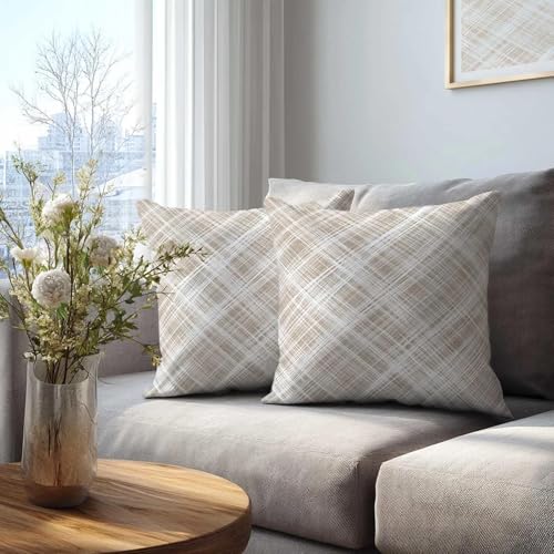 Crosshatch Throw Pillow Covers 18x18 Set of 2 | Beige White Decorative Cushion Covers | Neutral Farmhouse Pillow Cases for Couch Sofa Bed Living Room - color: Neutral Crosshatch