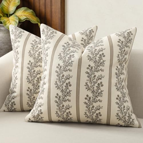 Vintage Throw Pillow Covers 16x16 Set of 2, Striped Floral Pillow Cover Botanical Patterned Decorative Cushion Covers Modern Farmhouse Home Decor for Sofa Couch Bed Living Room, Chocolate - color: Chocolate, size: 16" x 16" (Pack of 2)