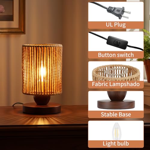 Handmade Rattan Lamp Boho Table Lamp for Bedroom, Small Woven Lamps for Night Stands with Warm White LED Bulb, Coastal Boho Lamp for Living Room Reading Nook Office Desk, 12cm Shade 20cm Height - color: Bohemian
