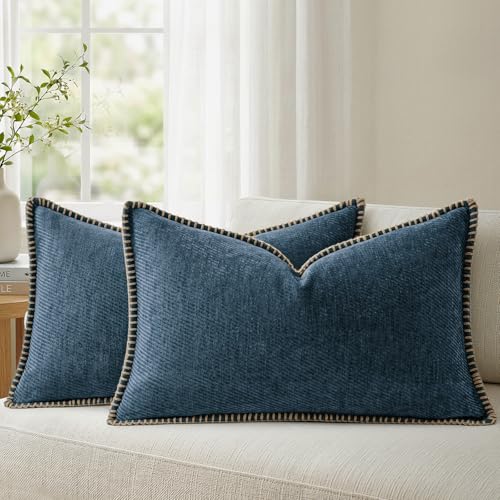 a moment Pack of 2 Decorative Chenille Throw Pillow Covers with Twill Cushion Covers for Sofa Living Room Couch Bed 20x12 Inch,Crafted Border Blue - color: 1.crafted Border Blue, size: 20" x 12" (Pack of 2)