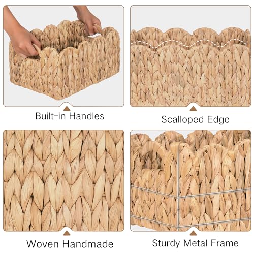 iEGrow Scalloped Wicker Basket, Set of 2 Woven Rattan Natural Water Hyacinth Baskets with Built-in Handles, Rectangle Storage Baskets for Organizing, Decor, Shelf and Nursery Room - size: Rectangle