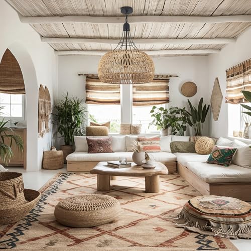 20" Rattan Farmhouse Chandeliers for Dining Room, 5-Light Boho Rattan Chandelier Light Fixtures with Woven Wicker Lampshade, Rustic Pendant Lighting for Kitchen Island, Living Room - color: Beige, size: 20 Inch