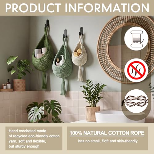 Honeydak Boho Decor Hanging Wall Baskets for Kitchen 3 Pack Teardrop Baskets with Hooks Storage Fruit Onion Vegetable Potato for Home 3 Sizes(Sage Color Palette,Tassel,Cotton Rope) - color: Sage Color Palette, size: Cotton Rope, style: Tassel