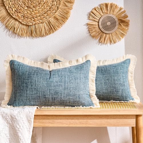 Farmhouse Lumbar Throw Pillow Covers 12x20 Pillow Cover Linen Fringe Blue Decorative Pillows Case Boho Accent Pillowcase for Sofa Couch Patio Bed Living Room Set of 2 - color: Blue, size: 20" x 12" (Pack of 2)
