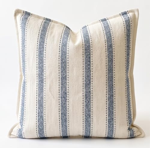 SanVia Cotton Throw Pillow Covers 20x20 – Handwoven Jacquard Texture, Fade-Resistant, No Pilling – Hidden Zipper, Decorative Cushion Cover for Sofa, Couch, Bed – Insert Not Included (Striped, White) - color: Dusty Blue, size: 20" x 20"