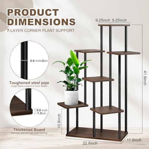 7 Tier Plant Stand Indoor, Thickened Metal Wood Corner Plant Shelf Stands for Multiple Plants, Indoor Tall Plants Stand Tiered Flower Holder for Living Room Patio Garden Balcony(Black+Oak) - color: Black+Oak, size: 7 Tier