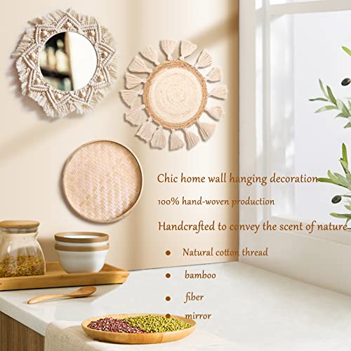 Boho Wall Basket Decor Set - Flat Woven Macrame Tapestry, Mirror White Round Tassels, Handmade Rattan Wicker Seagrass Wall Basket - color: White, size: Style 3