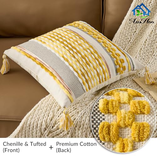 AmHoo Chenille Striped Textured Boho Throw Pillow Covers Aesthetic with Tassels Woven Decorative Pillow Case for Couch Bed Sofa Bedroom Modern Funky 18 x 18-Inch Yellow - color: Yellow, size: 18" x 18" (Pack of 1)