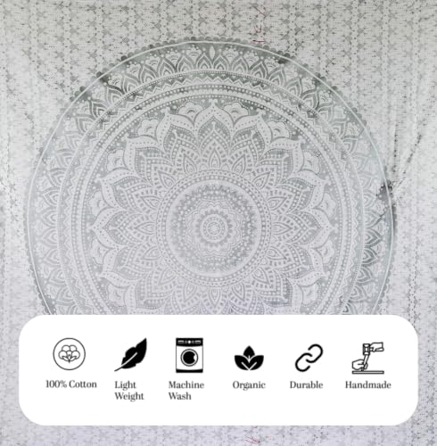 FURNISHFUL FINESSE Handmade Cotton Mandala Wall Tapestry - White Silver Ombre Boho Wall Decor, Bohemian Hippie Room Hanging for Bedroom, Dorm & Living Room Aesthetic - 30x40 Inches - color: Silver, size: 40"L x 30"W