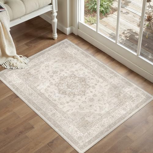 PureCozy Beige Area Rug 2x3 Washable Vintage Small Carpet for Entryway Kitchen Soft Retro Low Pile Thin Door Mat Non Slip Oriental Medallion Throw Rug for Bathroom Office Bedroom Dining Room - color: Beige, size: 2' x 3' (Rectangular)