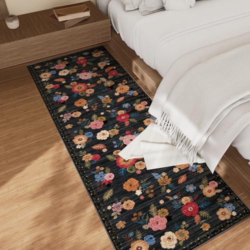 Machine Washable Runner Rug for Kitchen: 2'x6' Hallway Runner Rug Non Slip Low Pile Soft Faux Wool Carpet Runners Floral Floor Rug for Bedroom Entryway Bedroom Bathroom Laundry Room Home Office Indoor - color: Black Floral, size: 2' x 6' (Rectangular)