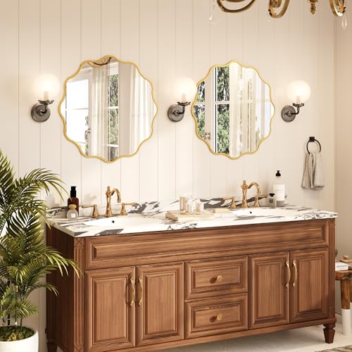 Kelly Miller 28 Inch Gold Round Wavy Mirror, Large Scalloped Edge Decorative Wall Mirror for Bathroom Bedroom Living Room Entryway Vanity Fireplace - size: 28"L x 28"W