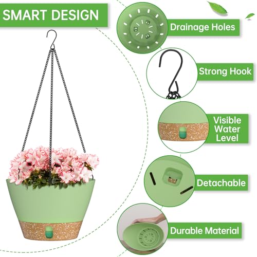 ZMTECH 2 Pack 8 Inch Hanging Baskets for Plants Outdoor Indoor, Modern Green Planters with Water Level Window & Metal Chain for Balcony Patio Garden Home Decor - color: Green, size: 8 Inch