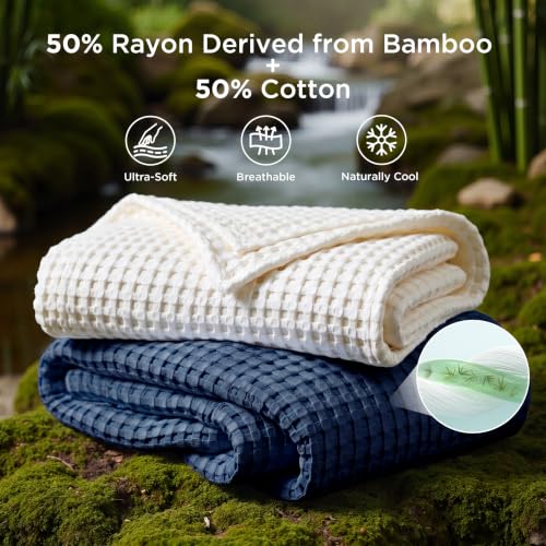 Bedsure Cooling Cotton Waffle Twin XL Blanket - Lightweight Breathable Blanket of Rayon Derived from Bamboo for Hot Sleepers, Luxury Throws for Bed, Couch and Sofa, Navy, 66x90 Inches - color: Navy, size: Twin XL (66" X 90")