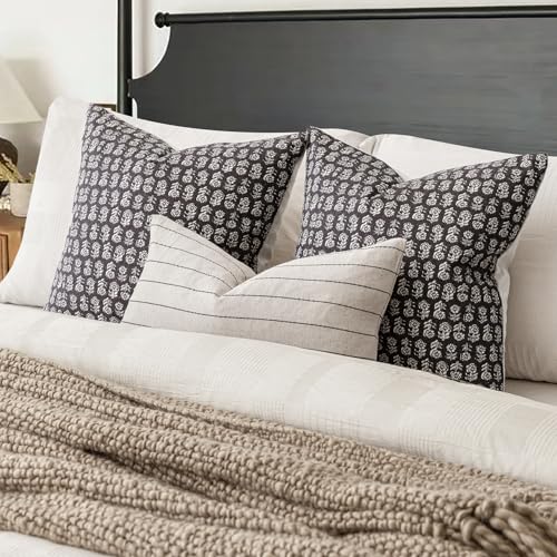 Foindtower Set of 2 Decorative Neutral Floral Print Throw Pillow Covers Vintage Accent Farmhouse Cushion Covers Boho Home Decor for Sofa Couch Chair Bedroom Living Room,18×18 Inch,Black - color: Black Sand, size: 18" x 18" (Pack of 2)