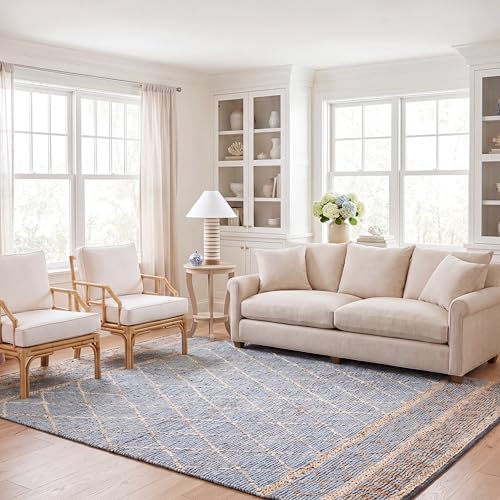 SAFAVIEH Natural Fiber Collection Area Rug - 6' x 9', Natural & Blue, Handmade Boho Moroccan Trellis Jute, Ideal for High Traffic Areas in Living Room, Bedroom (NF955N) - size: 6' x 9' (Rectangular)