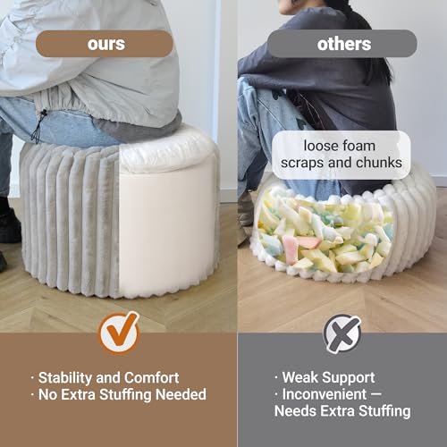 Round Stuffed Pouf Ottoman, Stripe Faux Fur Footrest, Solid Block Support+Soft Cushion Comfort, Removable Washable Cover, 20" Floor Pouf for Living Room Bedroom Dorm Vanity Under Desk, Gray - color: Grey