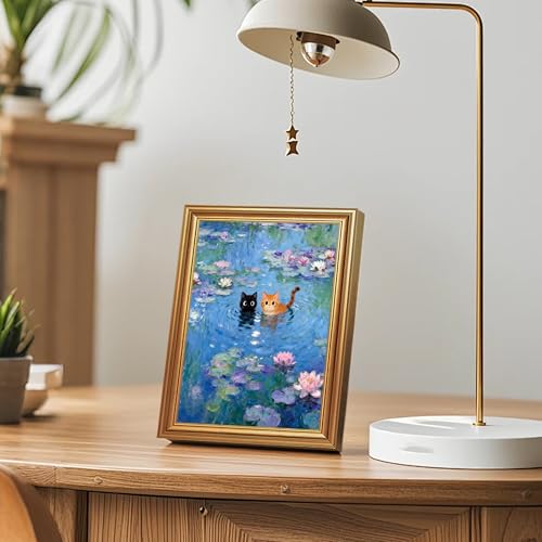 ICHZUMW Gold Framed Funny Cat Canvas Wall Art, Monet Style Water Lily Painting with Black and Orange Cats, Whimsical Animal Wall Decor, Ready to Hang for Bedroom Living Room Bathroom, 8x10in - color: Monet’s Garden Cats, size: 10"L x 8"W